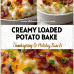 Baked Loaded Mashed Potato Casserole topped with melted cheese, bacon bits, and green onions in a white dish